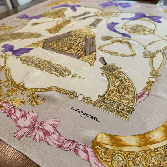 Authentic Lancel Silk Scarf with Gold and Pink Design - Picture 2 of 11